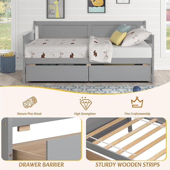 Twin Daybed with 2 Storage Drawers,Pinewood Twin Size Daybed Frame with Solid Guardrail,Dual-Use Sofa Daybed for Boys/Girls/Teens Bedroom, Easy to Assemble, No Box Spring Needed,Grey - LeafyLoom