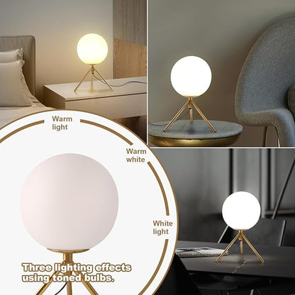 Mid century modern desk lamp with a golden base and white glass ball lampshade, suitable for 3 tone lighting in bedside bedrooms, living rooms, offices, libraries, and study rooms - LeafyLoom