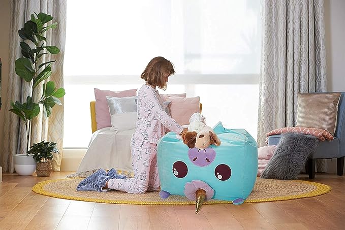 Aubliss Unicorn Stuffed Animal Storage Bean Bag Chair for Kids, Velvet Extra Soft Beanbag Chairs Cover, X-Large Stuffable Zipper Bean Bag for Organizing Plush Toys Girls Bedroom Decor, Cyan - LeafyLoom