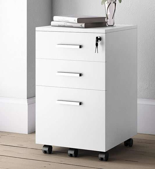 Lazio 26 Inch File Cabinet with Lock - Filing Cabinet for Home and Office - 3 Drawer File Cabinet with Wheels for A4 Sized Letters/Documents, Legal Sized Documents, Hanging File Folders - White/White - LeafyLoom