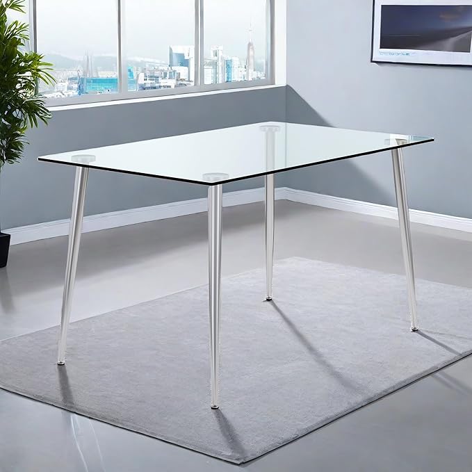 NicBex Modern Minimalist Rectangular Glass Dining Table for 4-6 with 0.31" Tempered Glass Tabletop and Silver Plating Metal Legs, Writing Table Desk, for Kitchen Dining Living Room, Transparent - LeafyLoom