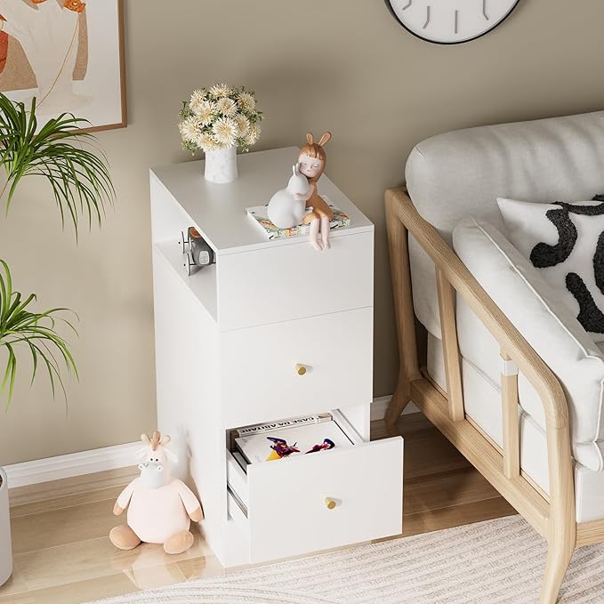 White Nightstand with Two Drawers,Chest of Drawers for Bedroom with Side Opening Storage Rack,3 Tiers Modern Night Table for Bedroom Storage Furniture (Right Angle) - LeafyLoom