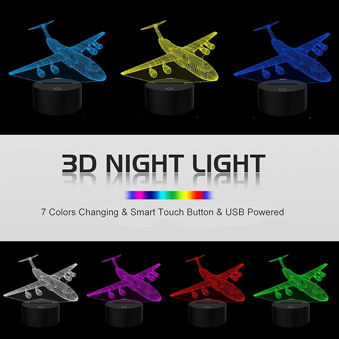 Airplane Night Light 3D Plane Illusion Lamp 7 Color Changing Touch Control with USB Cable LED Fighter Toy Table Desk Decor Lamps for Men Boys Kids Christmas Birthday Gifts - LeafyLoom