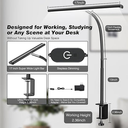 LED Desk Lamp for Office Home, Eye-Caring Desk Light with Stepless Dimming Adjustable Flexible Gooseneck, 10W USB Adapter Desk Lamp with Clamp for Reading, Study, Workbench (Black) - LeafyLoom