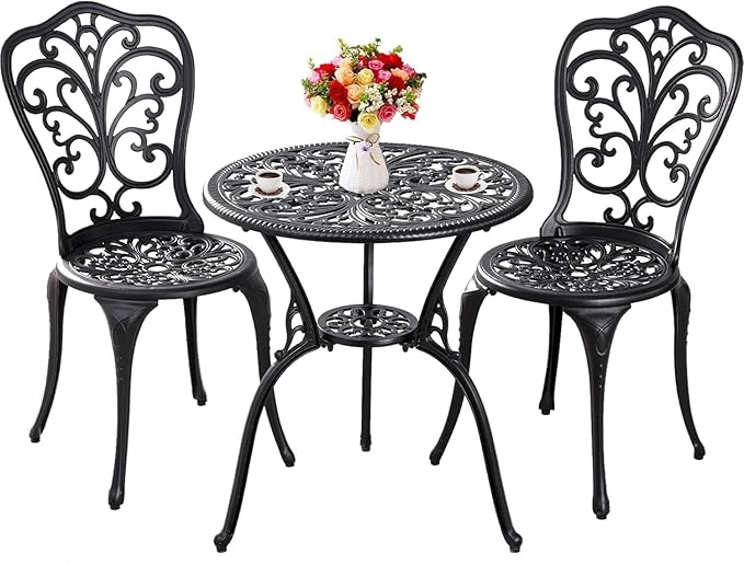 Outdoor Bistro Set 3 Piece Patio Bistro Set, Cast Aluminum Bistro Table and Chairs Set of 2, Small Patio Table Set for Porch, Black - LeafyLoom