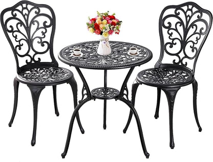 Outdoor Bistro Set 3 Piece Patio Bistro Set, Cast Aluminum Bistro Table and Chairs Set of 2, Small Patio Table Set for Porch, Black - LeafyLoom