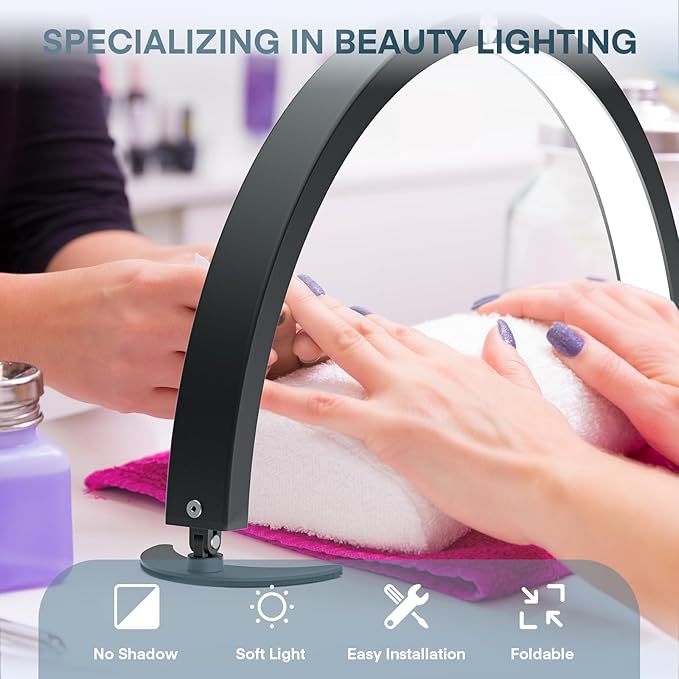 MYSWEETY Half Moon Light for Nail Desk, 29'' Foldable Led Nail Tech Lamp, Arch Table Lamp Estheticians Light with Remote, Lash Light Lamp for Eyelash Extensions, Tattoo, 7 Tones & 10 Brightness - LeafyLoom