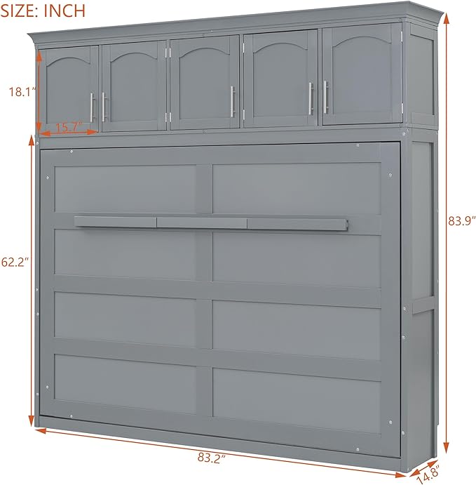 Merax Modern Murphy Cabinet Bed with Top Cabinets, Solid Wood Wall Platform Bed/No Box Spring Needed/Easy Assemble Full,Gray - LeafyLoom