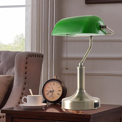 Banker Desk Lamp Green Glass, Antique Desk Lamps with Brass Base, Traditional Library Table Lamp with USB A and Type C Charging Port for Office, Study Room, Pull Chain Switch - LeafyLoom