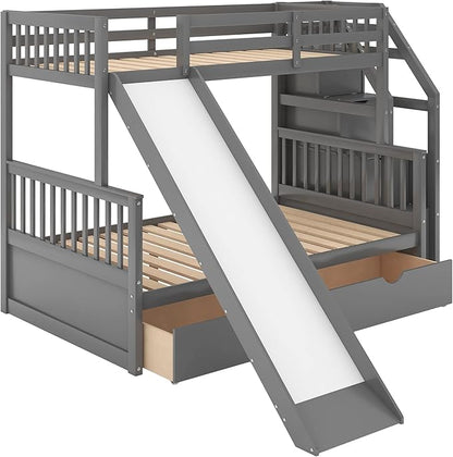 Multifunction Twin Over Full Bunk Bed with Storage Staircase/Two Drawers/Slide/High Guardrail, Solid Wood Bunkbed Furniture for Kids/Teens Bedroom, No Box Spring Needed, Gray - LeafyLoom