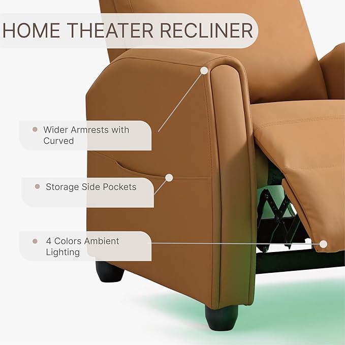 Recliner Chair for Adults PU Leather Push Back Armchair with 4 Colors Ambient Lighting Home Theater Seating with Massage & Heat Vibration Single Sofa for Living Room, Camel - LeafyLoom