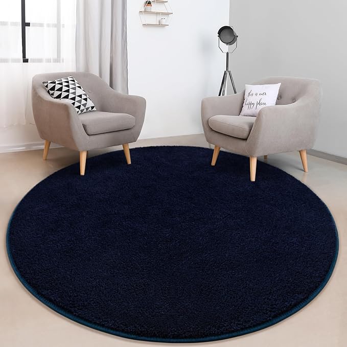 Round Area Rugs for Bedroom Living Room, 4x4 Navy Blue Super Soft Comfy Thickened Memory-Foam Indoor Circle Carpets, Modern Aesthetic Minimalist Carpet for Boys Girls Adults Nursery Home Décor - LeafyLoom