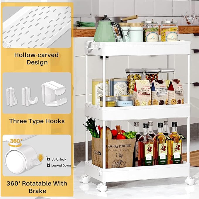 SPACEKEEPER Rolling Storage Cart 3 Tier, Bathroom Cart Organizer Laundry Room Organizer Utility Cart Mobile Shelving Unit Multi-Functional Shelves for Office, Kitchen, Bathroom, White - LeafyLoom