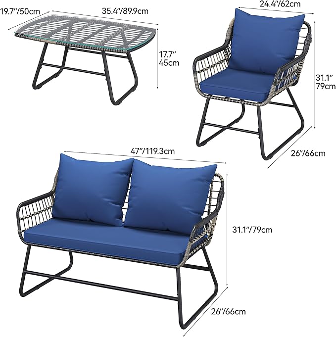 YITAHOME 4-Piece Patio Furniture Wicker Outdoor Bistro Set, All-Weather Rattan Conversation Loveseat Chairs for Backyard, Balcony and Deck with Soft Cushions and Metal Table (Navy Blue) - LeafyLoom