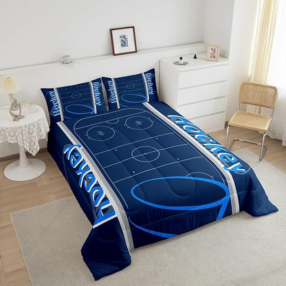 Feelyou Kids Hockey Player Comforter Set King Size Ice Hockey Bedding Set for Boys Girls Teens Bedroom Decor Ice Sports Games Comforter Puck Hockey Duvet Set with 2 Pillow Case - LeafyLoom