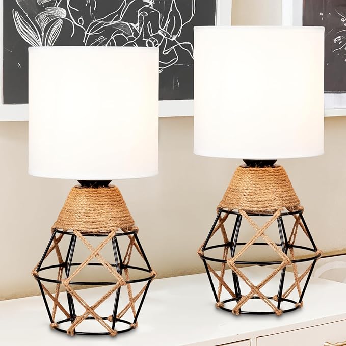 Hamilyeah Table Lamps Set of 2, Woven Lamps for Nightstand with On/Off Switch, Farmhouse Bedside Lamps with White Fabric Shade, Modern Simple Lamps for Bedroom, Living Room - LeafyLoom