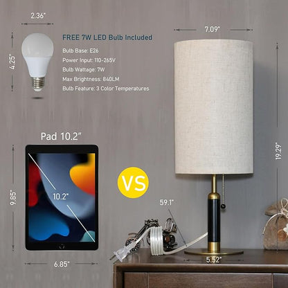 3-Color Temperatures Bedside Table Lamp for Nightstand Living Room Lamps for Bedroom Wood Fabric Pull Chain Switch Small Desk Lamps Home Office End Table Room Decor (Light Brown+Brass) - LeafyLoom