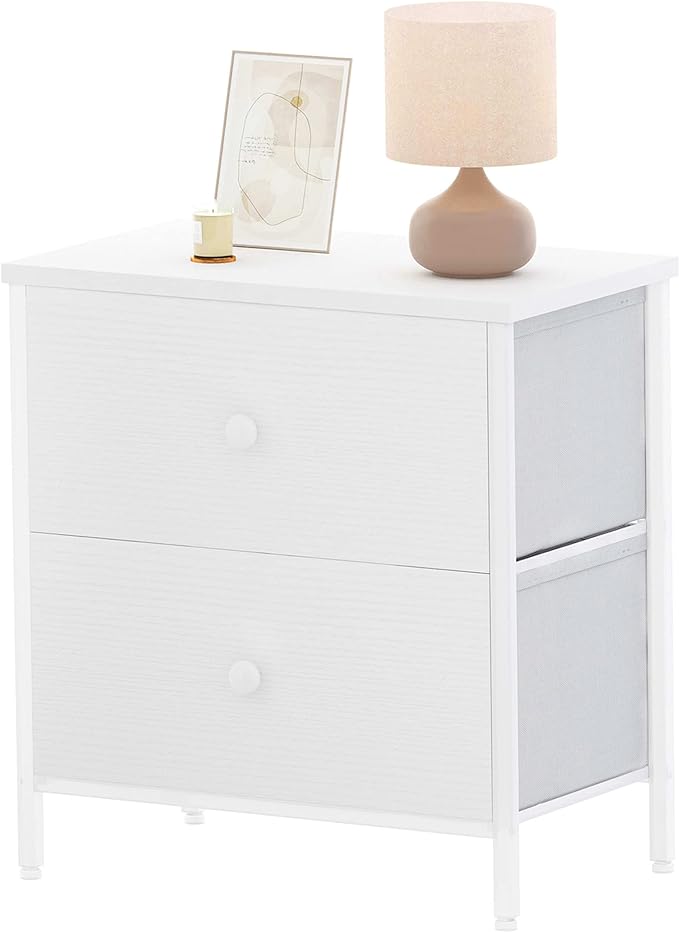 BOLUO White Nightstand with Drawer Dresser for Bedroom Nightstands,Night Stand and Dressers Sets End Table with 2 Fabric Drawers Organizer Modern - LeafyLoom