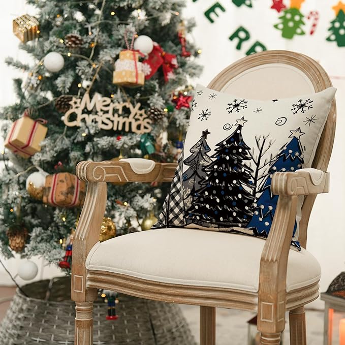 AVOIN colorlife Merry Christmas Joy Xmas Trees Blue and Black Throw Pillow Covers, 20 x 20 Inch Christmas Winter Holiday Cushion Case Decoration for Sofa Couch Set of 4 AVOINcolorlife