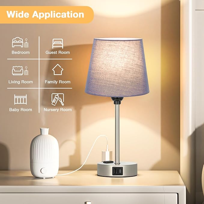 Table Lamps for Bedrooms Set of 2 Bedside - Nightstand Bedroom Lamp with USB C Port and AC Outlet Charging, Dimmable Touch Small End Side Lamp, Blue Night Stand Light for Kid/Guest Room/Living Room - LeafyLoom