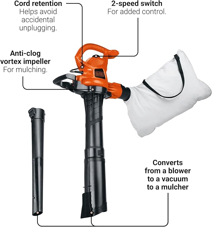 BLACK+DECKER 3-in-1 Leaf Blower, Leaf Vacuum and Mulcher, Up to 230 MPH, 12 Amp, Corded Electric (BV3600) - LeafyLoom