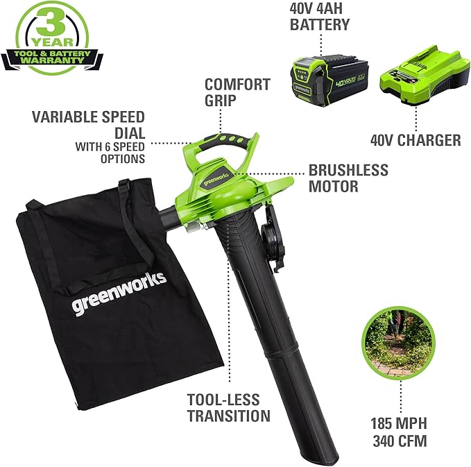 Greenworks 40V (185 MPH / 340 CFM / 75+ Compatible Tools) Cordless Brushless Leaf Blower / Vacuum, 4.0Ah Battery and Charger Included - LeafyLoom