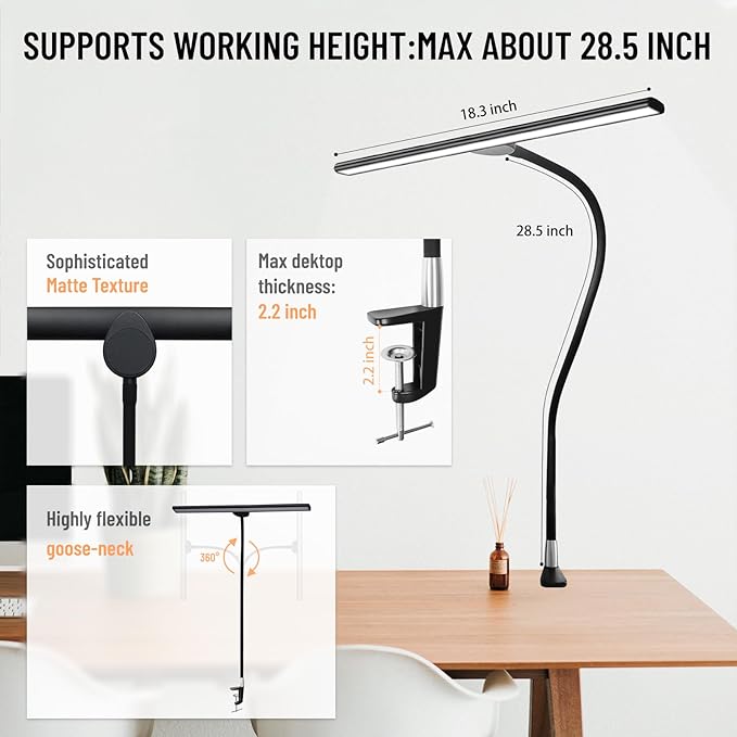 LED Desk Lamp with Clamp, Eye-Caring Architect Desk Lamps for Home Office, 24W Ultra Bright LED 30 Lighting Modes Adjustable, Studio Work Lamp for Task, with Remote Control Table Light - LeafyLoom