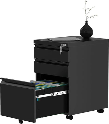 YITAHOME 3-Drawer Mobile File Cabinet with Lock, Office Storage Filing Cabinet for Legal/Letter Size, Pre-Assembled Metal File Cabinet Except Wheels Under Desk -Black - LeafyLoom