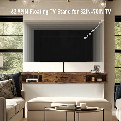 Floating TV Unit, 63'' Wall Mounted TV Cabinet, Floating Shelves with Door, Modern Entertainment Media Console Center Large Storage TV Bench for Living Room & Office (62.99IN, Rustic Brown) - LeafyLoom