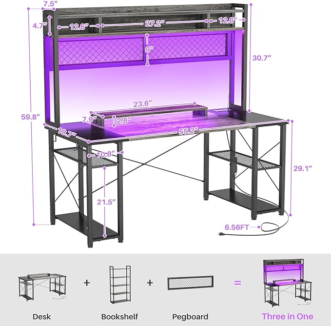 armocity 2024 Upgrade Gaming Desk with Hutch, 55.2'' Magic Computer Desk with LED and Outlets, Reversible Workstation Desk with Pegboard, Grey/Black - LeafyLoom