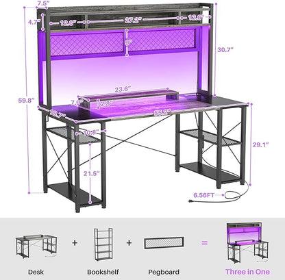 armocity 2024 Upgrade Gaming Desk with Hutch, 55.2'' Magic Computer Desk with LED and Outlets, Reversible Workstation Desk with Pegboard, Grey/Black - LeafyLoom