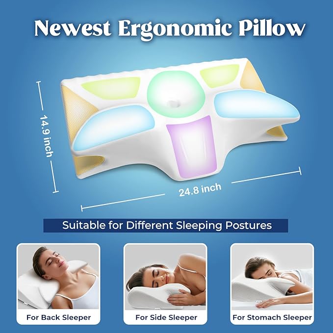 Cervical Pillow for Neck Pain Relief, Cooling Contour Memory Foam Pillows Support Odorless Ergonomic Neck Pillow Adjustable Orthopedic Bed Pillow for Side Back Stomach Sleeper with Pillowcase - LeafyLoom