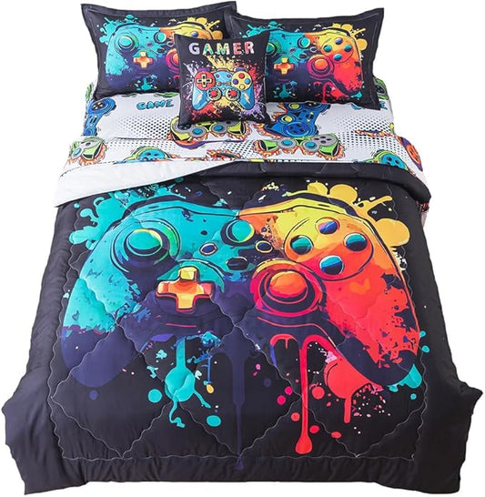 ADASMILE A & S Gamer Comforter Sets for Boys Teens 6 Pieces Gaming Bedding Set Twin Size Colorful Video Game Gaming Comforter for Kids Gamer Bed in A Bag Comforter with Gamer Sheets Home Decor - LeafyLoom