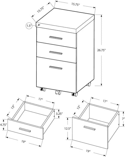 Monarch Specialties White Hollow-Core 3 Drawer File Cabinet on Castors - LeafyLoom