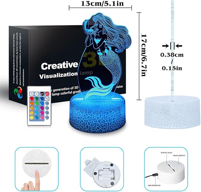 Mermaid Night Light,Gifts for Girls,3D Illusion Lamp,Kids Bedside Lamp,16 Color Change Decor Lamp with Remote & Smart Touch, Gifts for Christmas Birthday Boys Men Girls - LeafyLoom