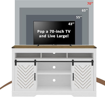 Farmhouse Stand for TVs up to 65+ Inch Tall Entertainment Center with Sliding Barn Door, Console Storage Cabinet for Bedroom, Living Room, Wood Grain White - LeafyLoom