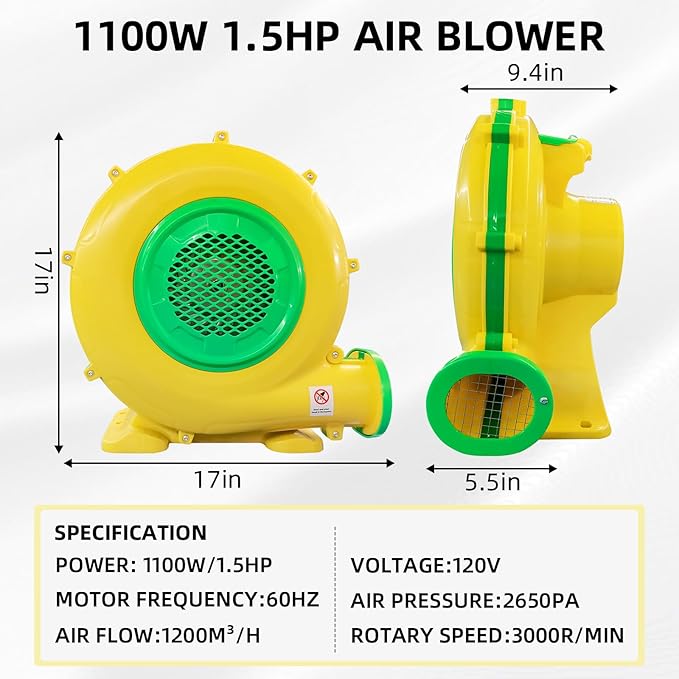 1100Watt/1.5HP High Power Air Blower for Large Inflatables, GONFLABLE Inflatable Bounce House Blower, Portable Fan Pump Blower Corded Commercial for Bouncy Castle, Jumper, Water Slide - LeafyLoom