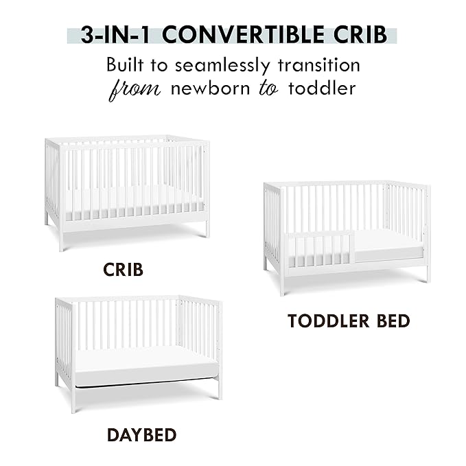 DaVinci Birdie 3-in-1 Convertible Crib, White, Easy Assemble, Greenguard Gold Certified - LeafyLoom