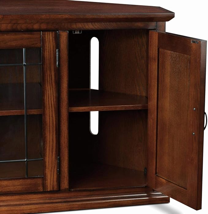 Leick Home Leaded Glass Corner Stand with Enclosed Storage for 60" TV's, Burnished Oak - LeafyLoom