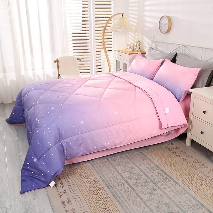 Wowelife Glitter Comforter Set Pink Queen 5 Pieces Galaxy Bedding Set Purple Kids Bedding Set Rainbow Bed in a Bag for Boys and Girls with Comforter, Flat Sheet, Fitted Sheet and 2 Pillowcases - LeafyLoom