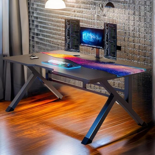 31 Inch Gaming Computer Desk - Sturdy Small Home Office Desk with Ergonomic Design - Easy Assembly - PC Laptop Desk with Black Carbon Fiber Desktop - LeafyLoom