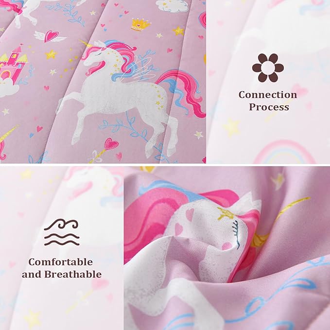 Queen Comforter Set for Girls, 7 Pieces Bed in a Bag with Shams, Sheet Set, Pink Unicorn Double Soft Microfiber Kids Comforter Bedding Set - LeafyLoom