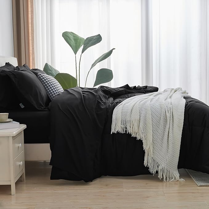 CozyLux Queen Comforter Set - 7 Pieces Bed in a Bag Set Black Queen, Complete Bedding Sets Bed Set for All Season with Comforter, Flat Sheets, Fitted Sheet, Pillowcases & Shams - LeafyLoom