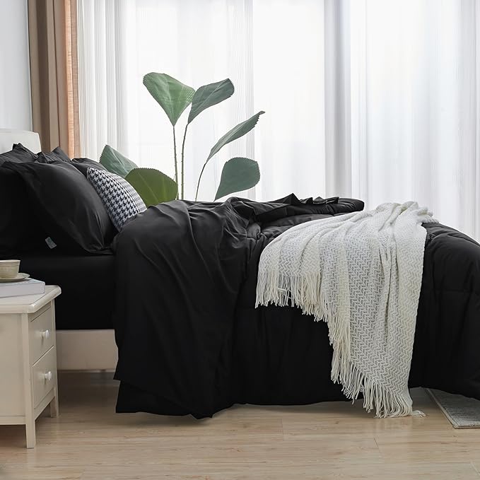 CozyLux King Size Comforter Set - 7 Pieces Bed in a Bag Set Black King, Complete Bedding Sets Bed Set for All Season with Comforter, Flat Sheets, Fitted Sheet, Pillowcases & Shams - LeafyLoom