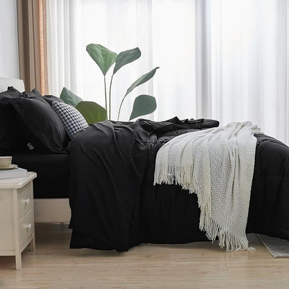 CozyLux King Size Comforter Set - 7 Pieces Bed in a Bag Set Black King, Complete Bedding Sets Bed Set for All Season with Comforter, Flat Sheets, Fitted Sheet, Pillowcases & Shams - LeafyLoom