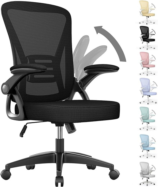 naspaluro Ergonomic Office Chair, Mid Back Desk Chair with Adjustable Height, Swivel Chair with Flip-Up Arms and Lumbar Support, Breathable Mesh Computer Chair for Home/Study/Working, Dark Black - LeafyLoom