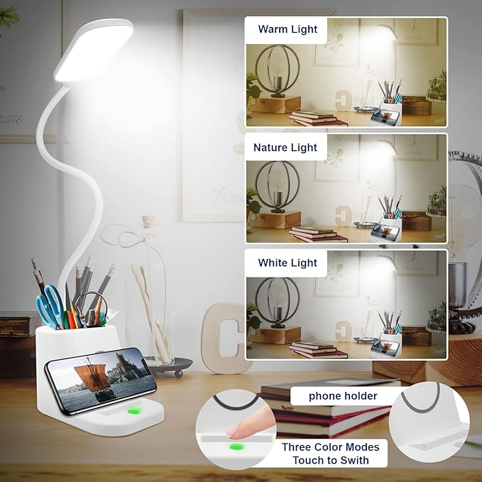 LED Desk Lamp with Wireless Charger and Organizer,Home Office Touch Reading Lamp with Pen Holder/Storage,Stepless Dimming 3 Color Modes,360°Flexible Gooseneck Eye Caring Desk Light-Study/College Dorm - LeafyLoom