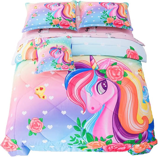 ADASMILE A & S Unicorn Comforter Set Full with Sheets 6 Pieces Floral Pink Unicorn Bedding Set for Girls Kids Unicorn Sheets Soft Bed-in-a-Bag Comforter Reversible Bed Comforter Set for Home Decor - LeafyLoom