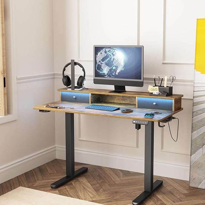 Electric Adjustable Standing Desk, Sit Stand Desk with Power Outlets & LED Lights 48”Adjustable Height Standing Desk with Drawers Adjustable Table Desk Riser for Home Office - LeafyLoom