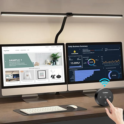 Double Head Desk Lamp LED Dimmable with Touch Remote Control, 80cm Architect Desk Light with Clamp, 24W Adjustable Gooseneck Office Light Monitor Light, 25 Lighting Modes for Study Reading, Black - LeafyLoom